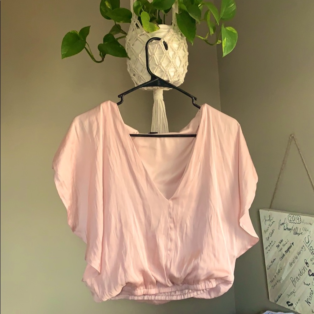 Light pink cropped Silk V-neck blouse (size small)